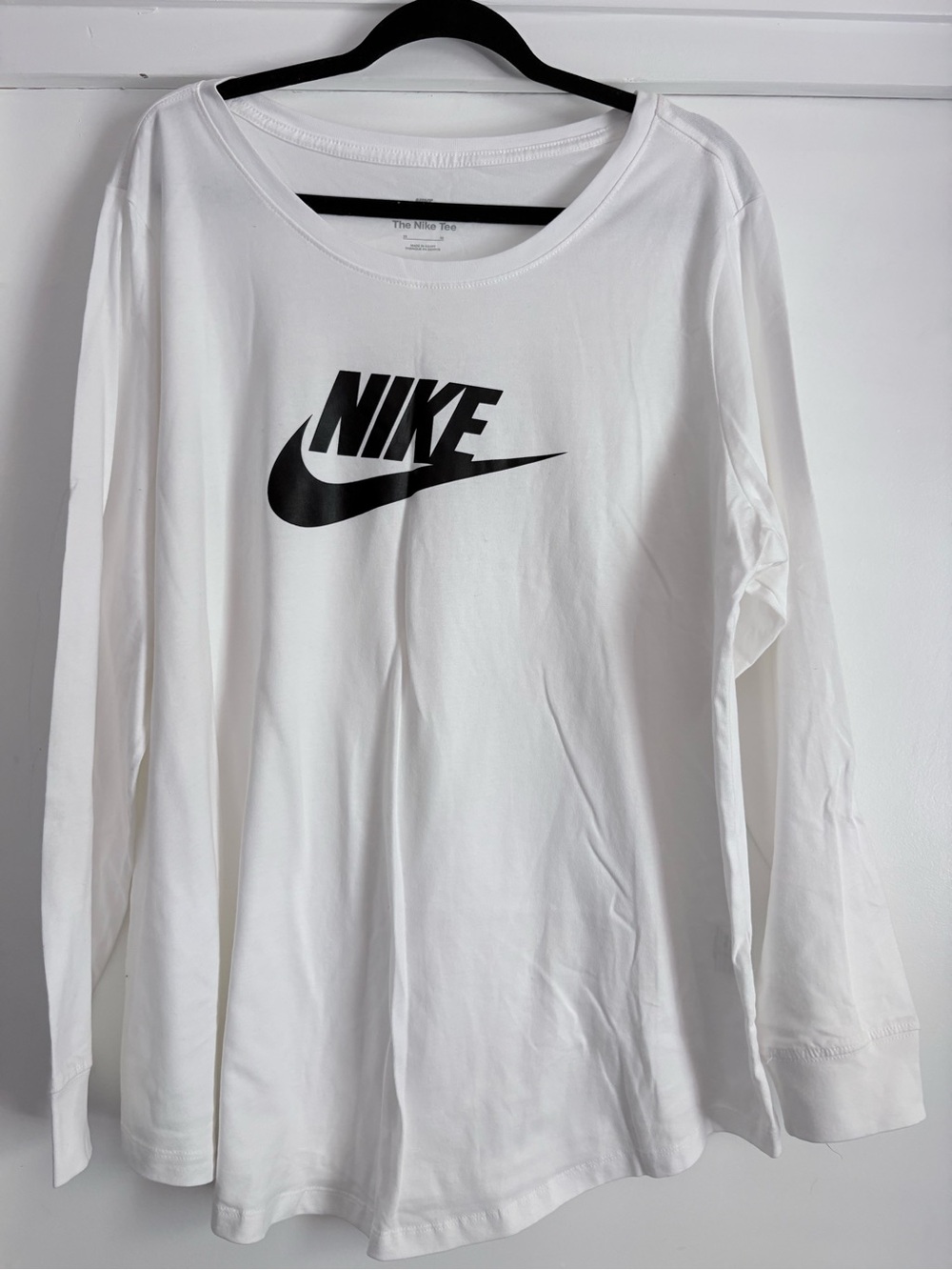 Nike White Long-Sleeve Tee with Black Swoosh Logo